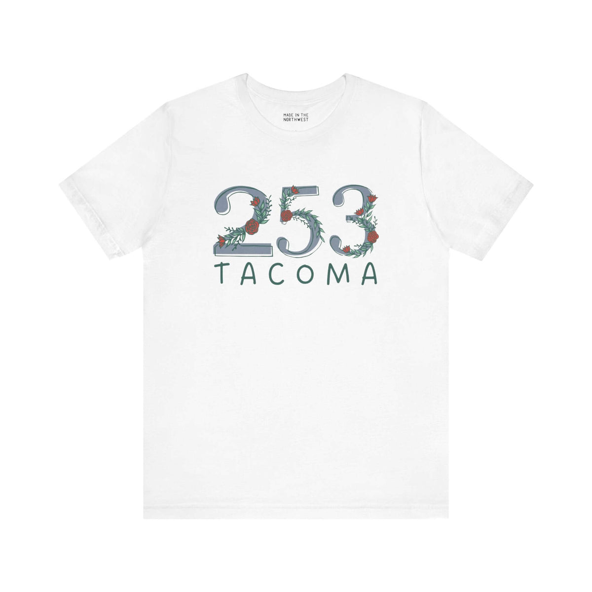 Women's white tee with floral 253 area code graphic, Tacoma print, showcasing Pacific Northwest style and nature-inspired elegance.