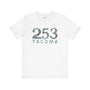 Women's white tee with floral 253 area code graphic, Tacoma print, showcasing Pacific Northwest style and nature-inspired elegance.