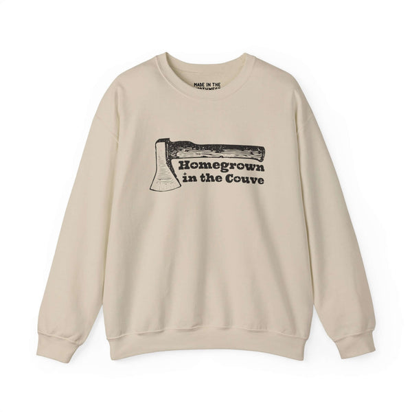 "Homegrown in the Couve sweatshirt with axe design, showcasing Vancouver pride and Pacific Northwest craftsmanship."