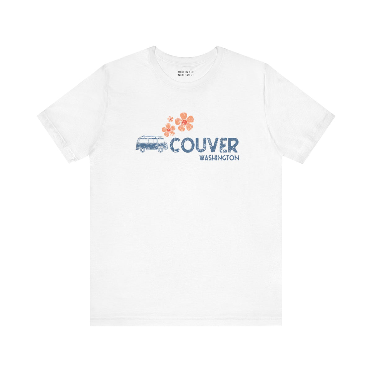 Groovy VAN-Couver Vibes Premium Soft Tee featuring a van graphic and floral design, perfect for retro enthusiasts.