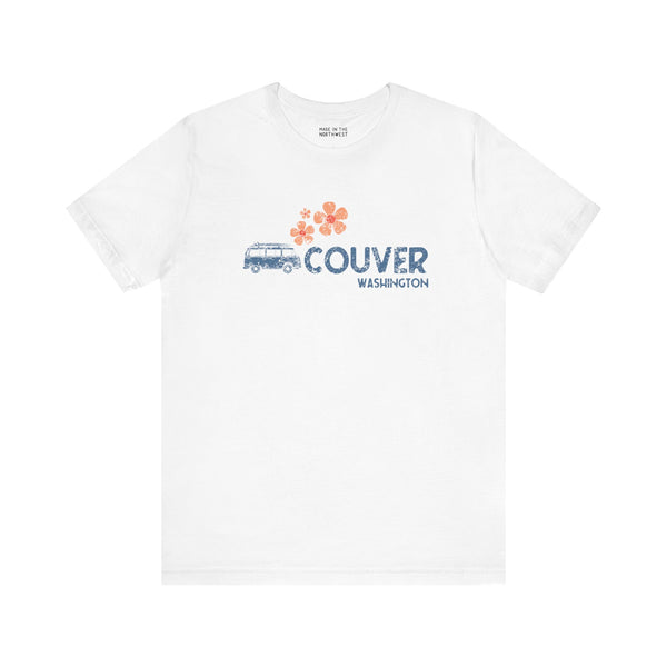 Groovy VAN-Couver Vibes Premium Soft Tee featuring a van graphic and floral design, perfect for retro enthusiasts.