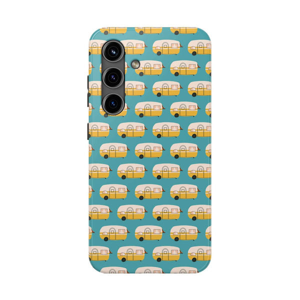 Happy Camper Adventure tough phone case featuring vintage camper design for travel enthusiasts.