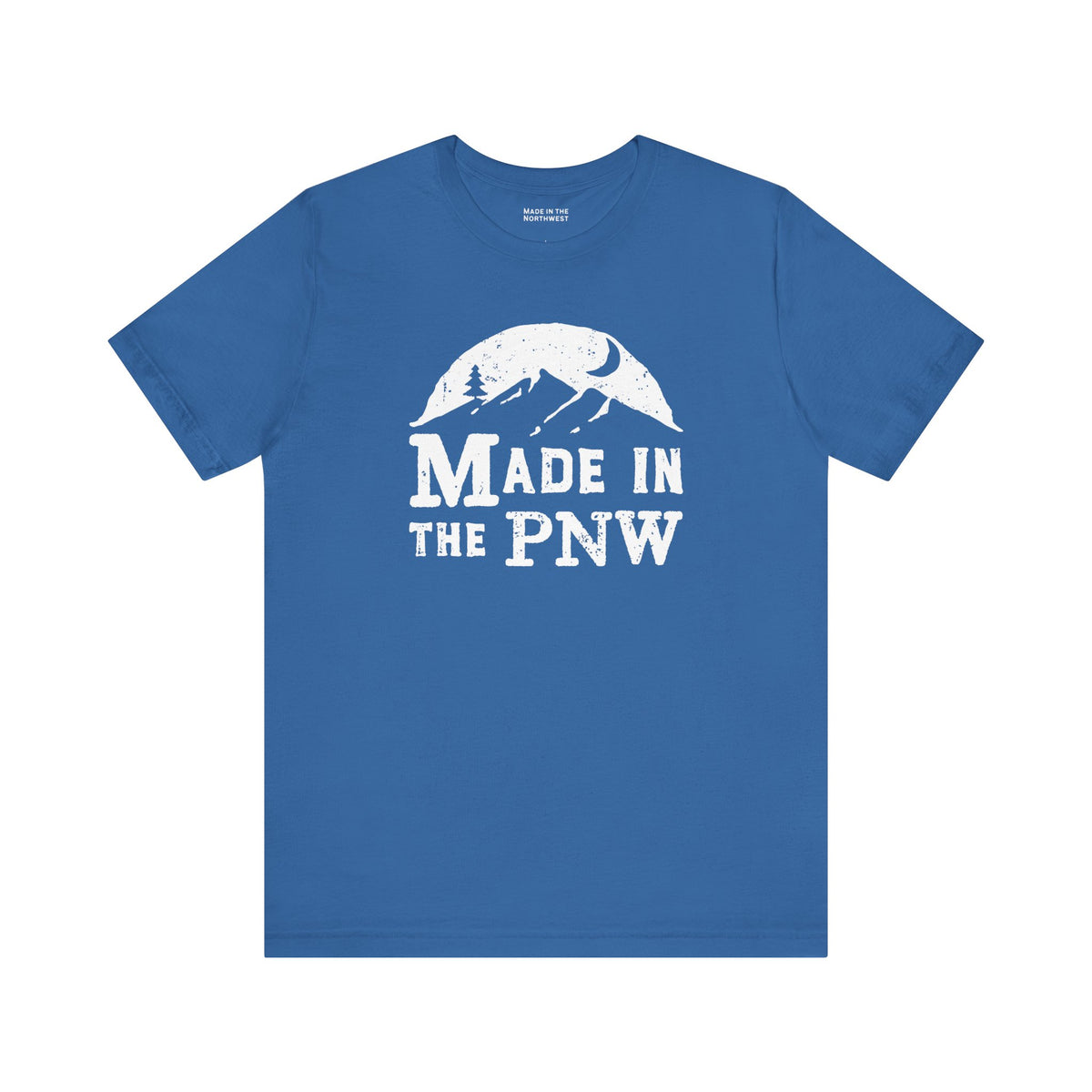 Made in the PNW T shirt in blue with a distressed mountain graphic design.