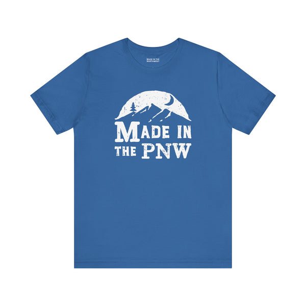 Made in the PNW T shirt in blue with a distressed mountain graphic design.