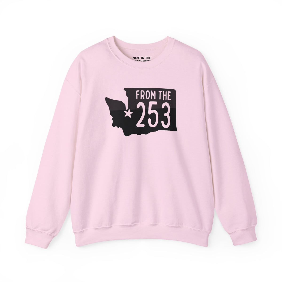 Pink sweatshirt with 'From the 253' text and Washington state silhouette highlighting Tacoma.
