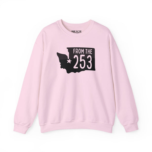 Pink sweatshirt with 'From the 253' text and Washington state silhouette highlighting Tacoma.