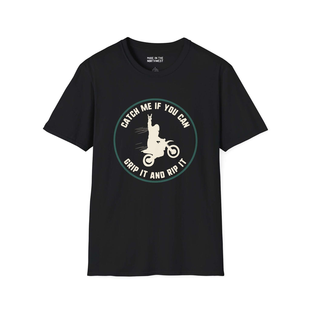Black motocross t-shirt with "Catch Me If You Can" design featuring Bigfoot on a dirt bike, ideal for thrill-seekers.
