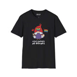 Love Gnomes No Bounds Pride T-Shirt featuring a gnome with a rainbow flag, celebrating love and inclusivity.