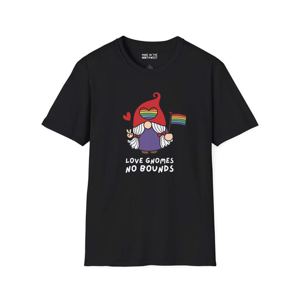 Love Gnomes No Bounds Pride T-Shirt featuring a gnome with a rainbow flag, celebrating love and inclusivity.