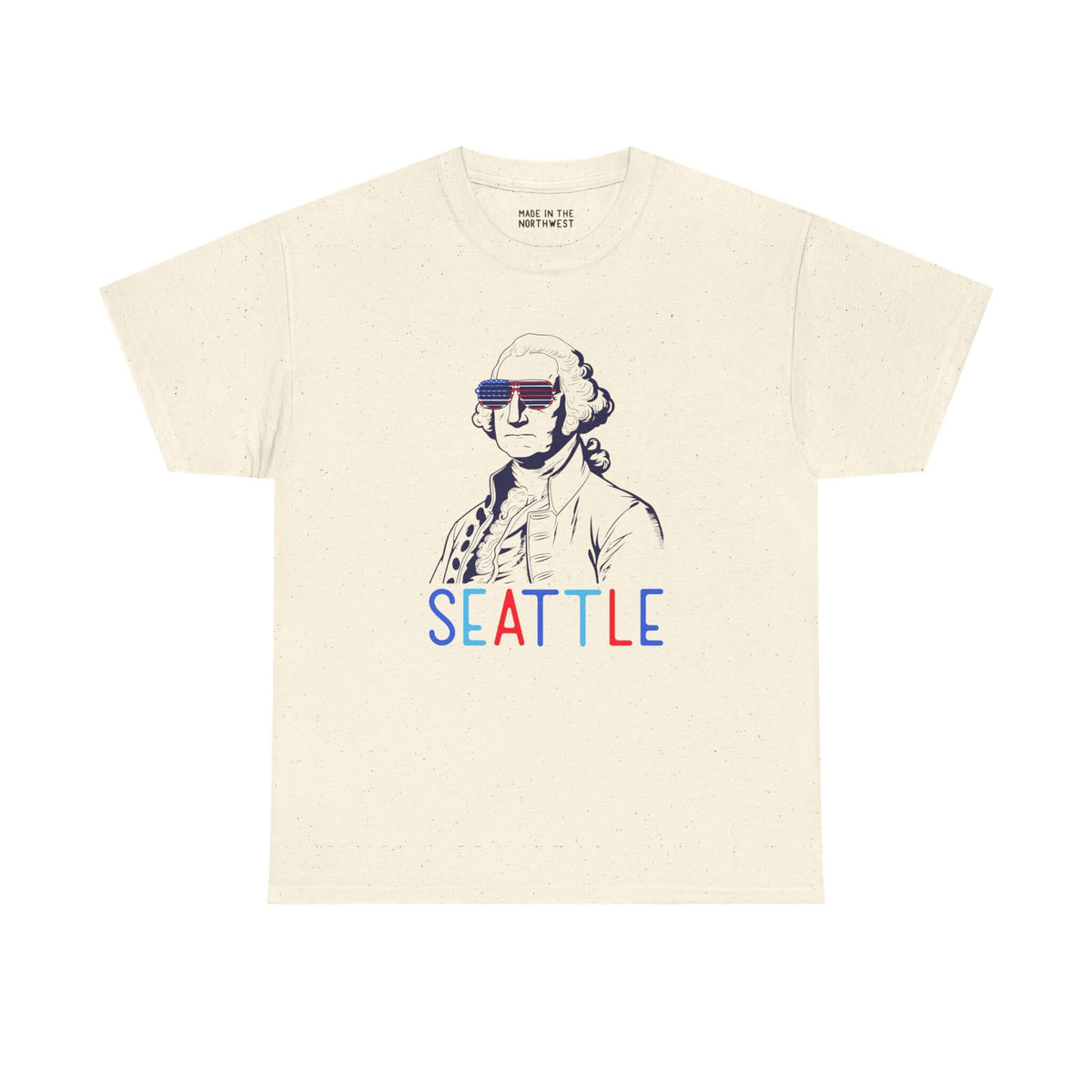 Seattle athletic tee featuring George Washington in sunglasses with 'SEATTLE' text for Independence Day celebrations.
