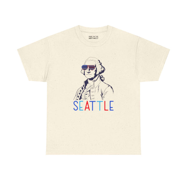 Seattle athletic tee featuring George Washington in sunglasses with 'SEATTLE' text for Independence Day celebrations.
