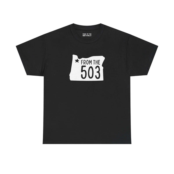 Black Oregon State tee with 'From the 503' and a star design, celebrating Portland culture.