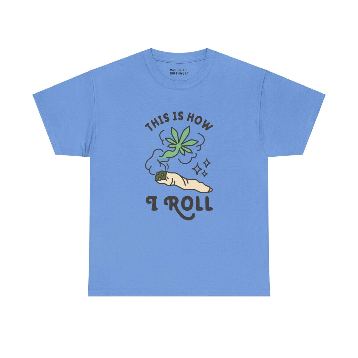 Blue "This is How I Roll" athletic tee featuring a marijuana joint graphic with smoke and leaf design for a laid-back vibe.