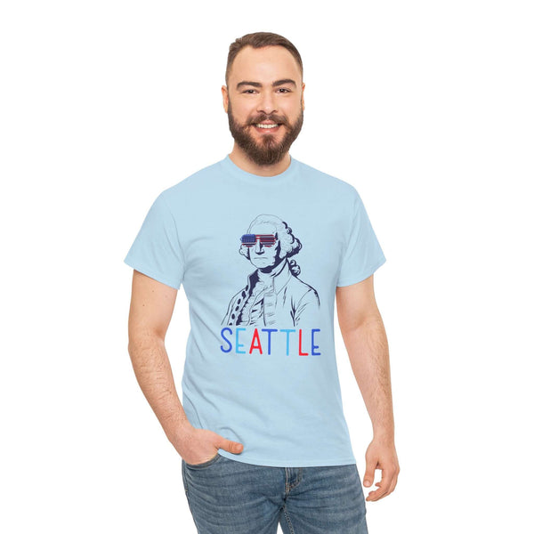 Man wearing Seattle athletic tee featuring George Washington in sunglasses for Independence Day celebration.