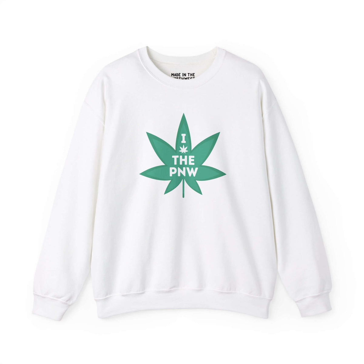 Chronic PNW Love Sweatshirt with green marijuana leaf graphic on white fabric, celebrating Pacific Northwest culture.