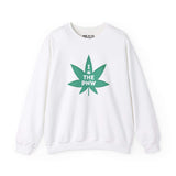 Chronic PNW Love Sweatshirt with green marijuana leaf graphic on white fabric, celebrating Pacific Northwest culture.