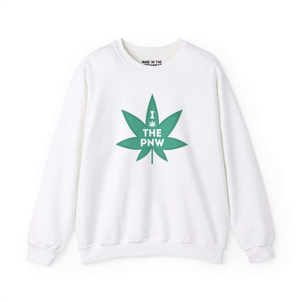 Chronic PNW Love Sweatshirt with green marijuana leaf graphic on white fabric, celebrating Pacific Northwest culture.