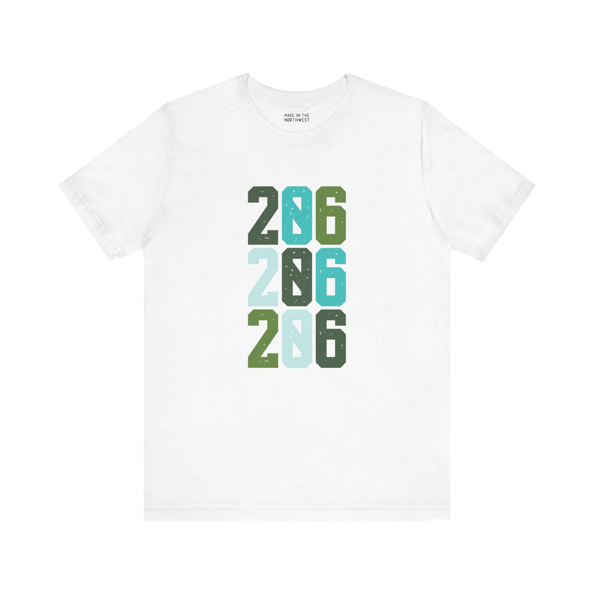 Two-Oh-Six Pop Premium Soft Tee in white with vibrant 206 design, perfect for Seattle locals and their style.