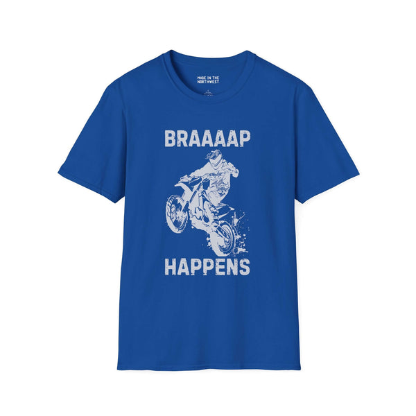 Braaaap Happens motocross softstyle t-shirt in blue featuring a rider on a dirt bike design.