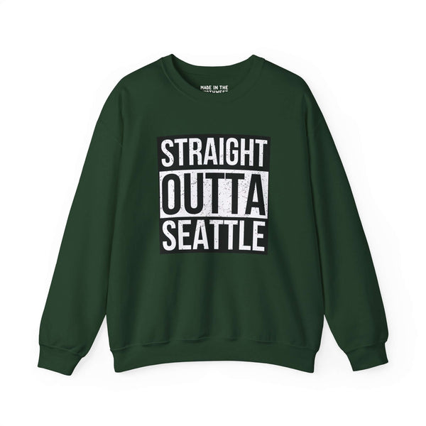 Green "Straight Outta Seattle" sweatshirt, bold streetwear design, showing city pride.