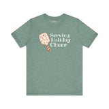 Serving Holiday Cheer Pickleball T Shirt featuring a festive paddle design and playful text.