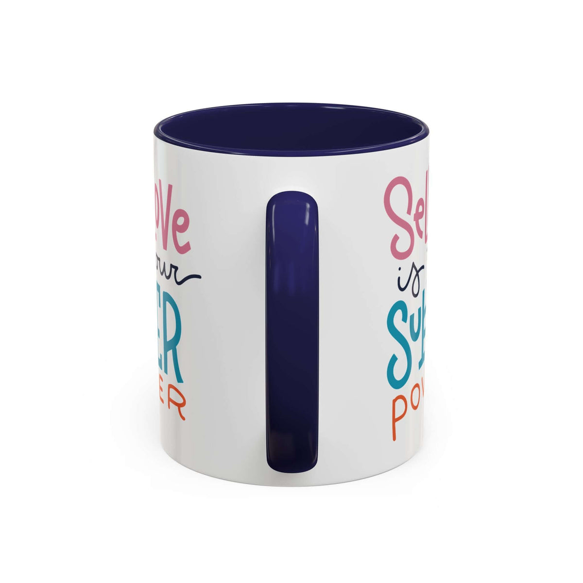 Self Love Is Your Super Power Mug with white exterior and navy interior, inspirational design for daily positivity.