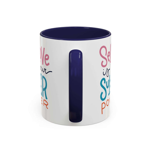 Self Love Is Your Super Power Mug with white exterior and navy interior, inspirational design for daily positivity.