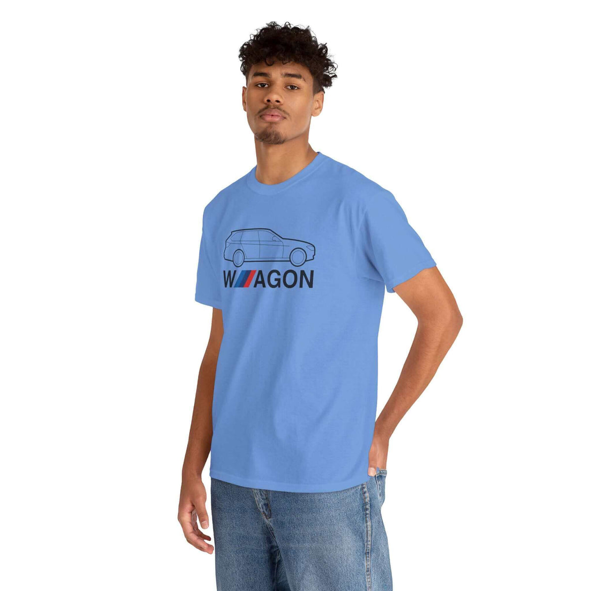 Man wearing blue Wagon Life is the Best Life athletic t-shirt featuring a silhouette design of the F31 BMW wagon.