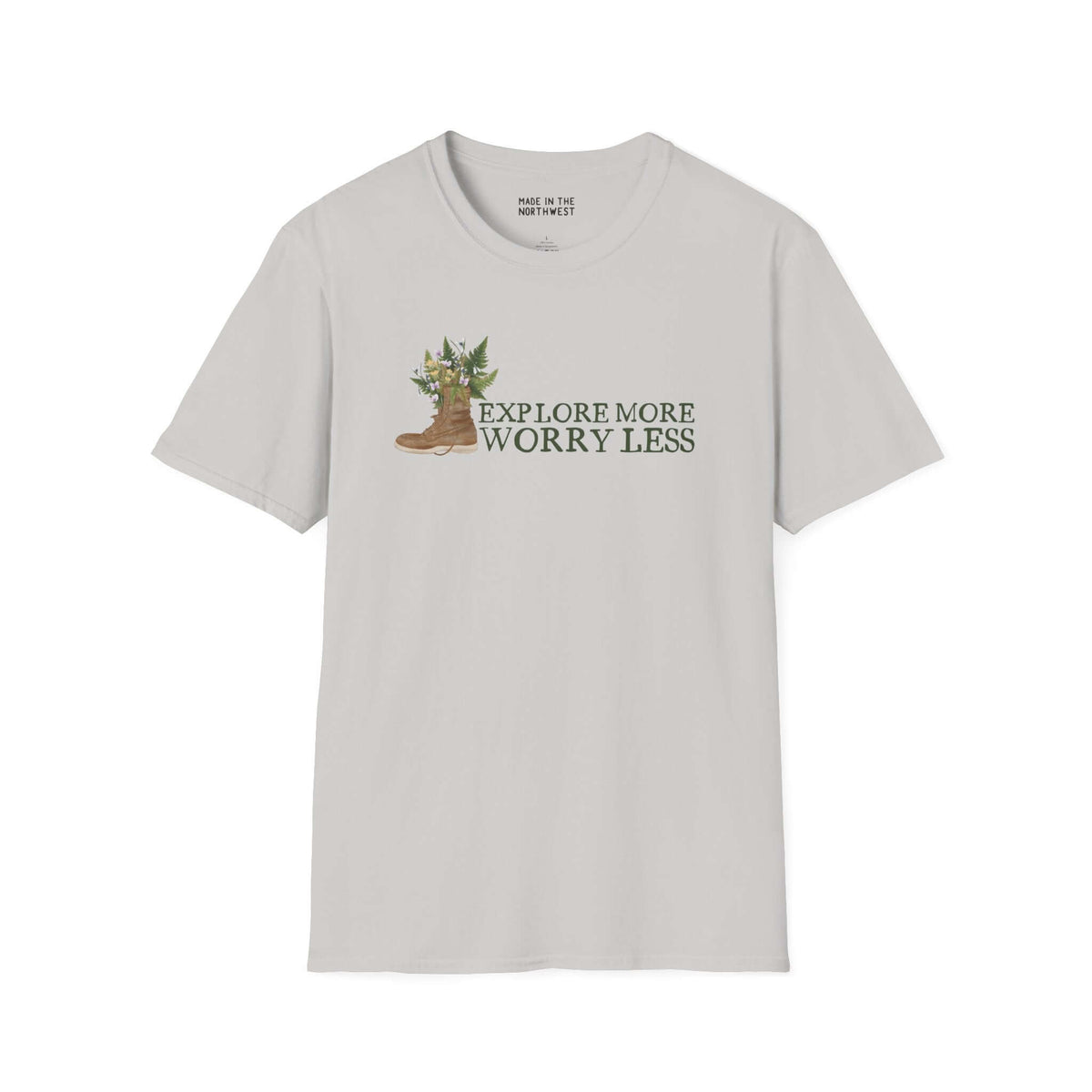 Unisex Explore More Worry Less T-Shirt featuring watercolor boot design with ferns and flowers, perfect for nature lovers.