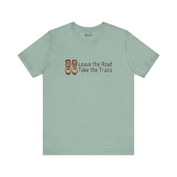 Light green premium soft tee featuring 'Leave the Road, Take the Trails' design, perfect for outdoor enthusiasts.