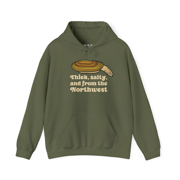 Thick and salty Northwest geoduck clam hoodie with humorous graphic for seafood lovers.