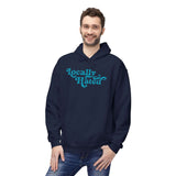 Locally Hated Hoodie – Cheeky Retro Script Sweatshirt displayed on a smiling man wearing navy blue fleece.