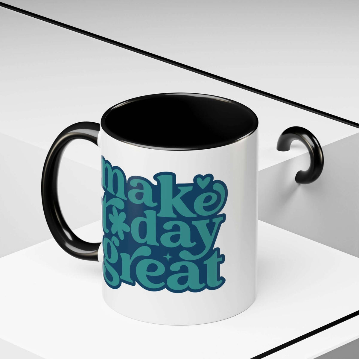 Make Today Great Mug with black handle and glossy finish, featuring teal lettering and steam rising from the rim.