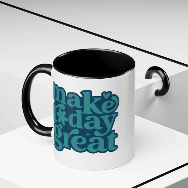 Make Today Great Mug with black handle and glossy finish, featuring teal lettering and steam rising from the rim.