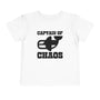 White toddler tee with playful orca design and text 'Captain of Chaos', perfect for little ones who love adventure.