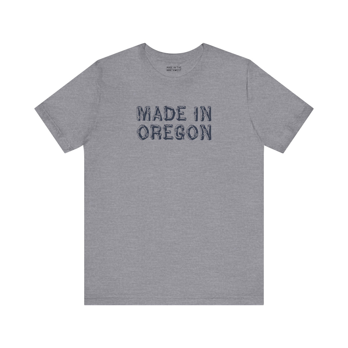 Gray premium soft tee featuring 'Made in Oregon' in rustic log font, perfect for outdoor enthusiasts.