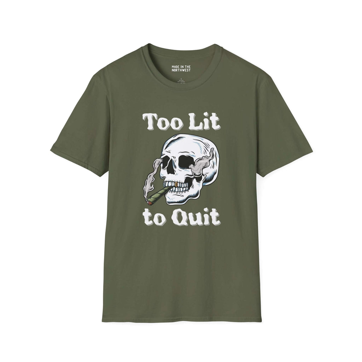 Too Lit to Quit weed smoking softstyle t-shirt featuring a laid-back skull design, perfect for vibing and chilling.