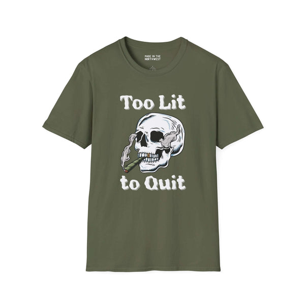 Too Lit to Quit weed smoking softstyle t-shirt featuring a laid-back skull design, perfect for vibing and chilling.