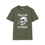 Too Lit to Quit weed smoking softstyle t-shirt featuring a laid-back skull design, perfect for vibing and chilling.