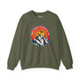 "Home is Where the Mountains Are sweatshirt with PNW design featuring hiking, motocross, and Bigfoot on green fabric."