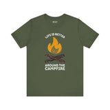 Cozy Campfire Chronicles tee featuring 'Life is Better Around the Campfire' design, perfect for outdoor enthusiasts.