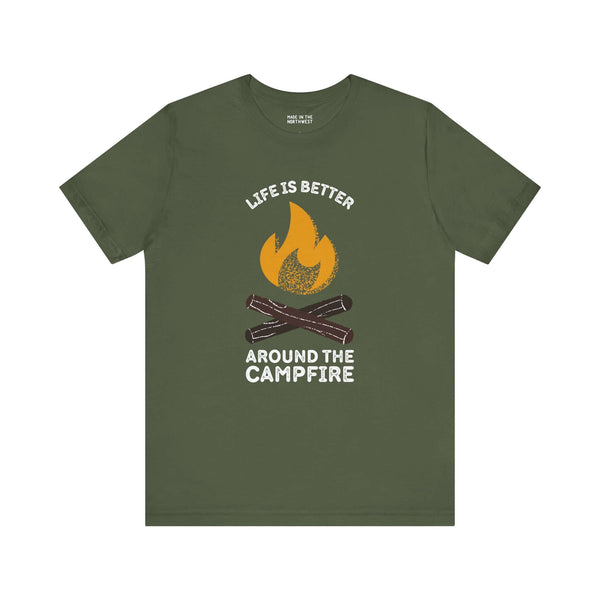 Cozy Campfire Chronicles tee featuring 'Life is Better Around the Campfire' design, perfect for outdoor enthusiasts.
