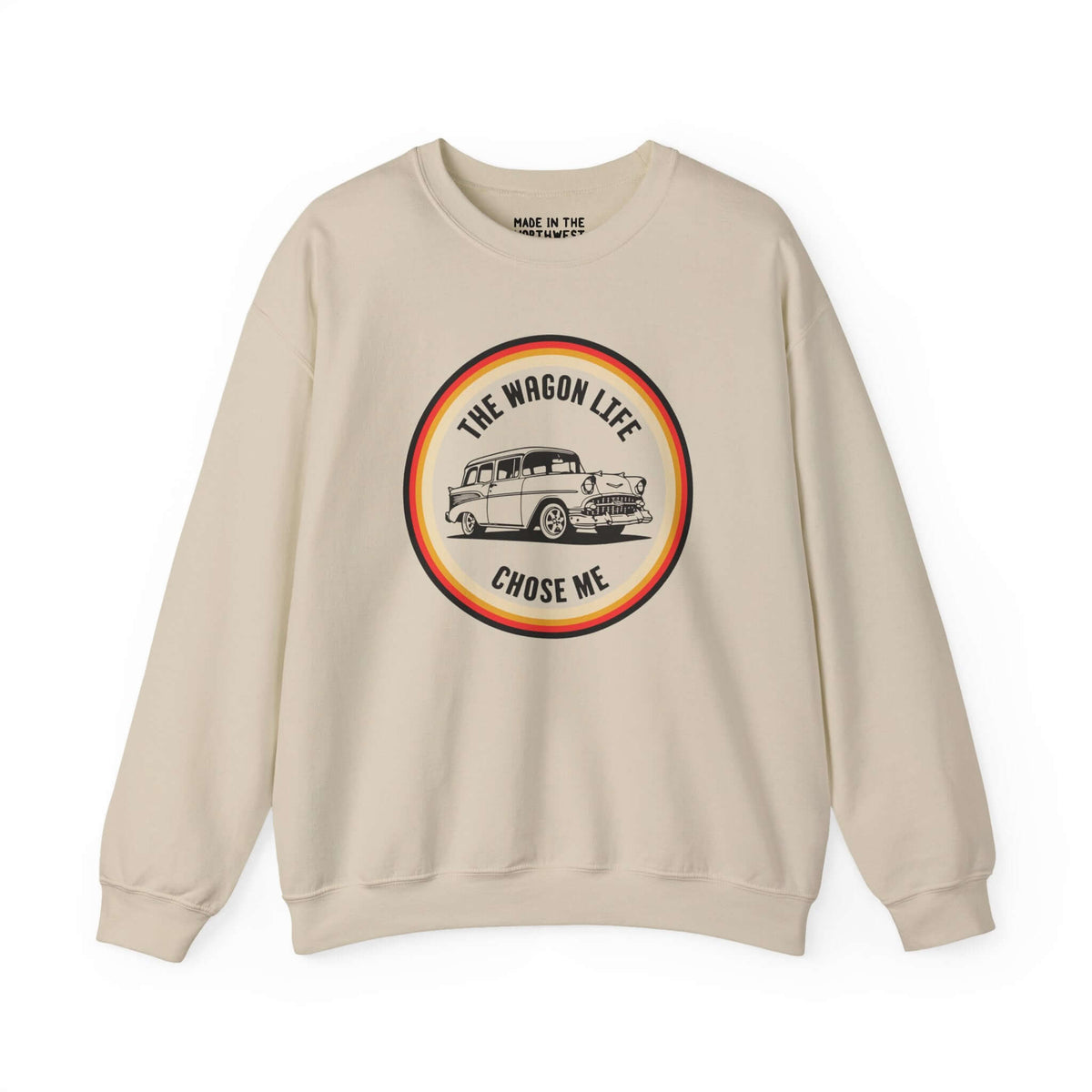 The Wagon Life Chose Me cozy sweatshirt featuring a vintage '50s Chevy Nomad design.