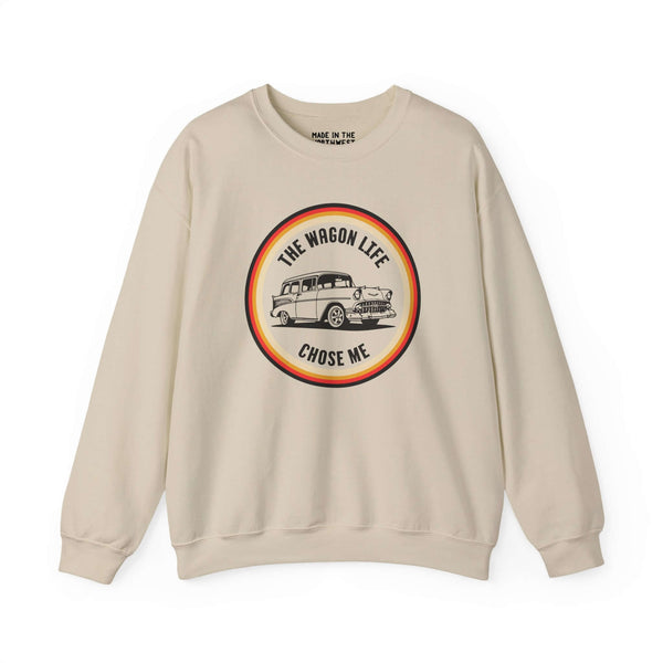 The Wagon Life Chose Me cozy sweatshirt featuring a vintage '50s Chevy Nomad design.
