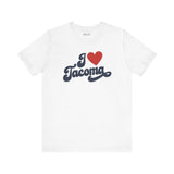 I love Tacoma t shirt featuring cursive design on a white tee, showcasing hometown pride and South Sound spirit.