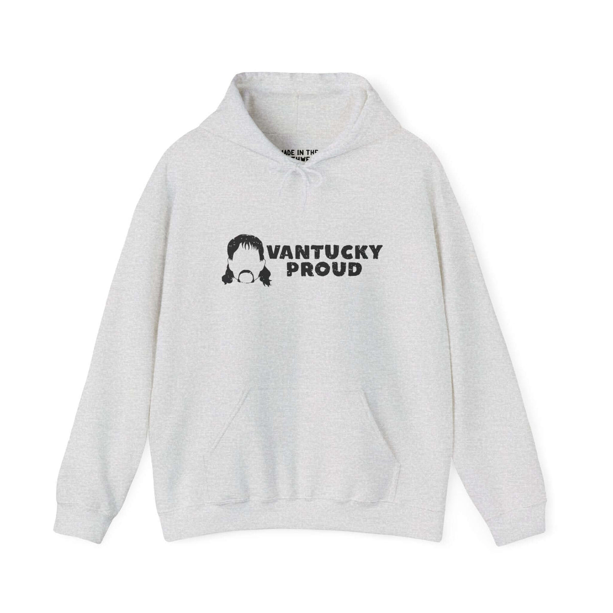 Vantucky Proud Rusty McCoy hoodie in gray with a graphic print on the front.