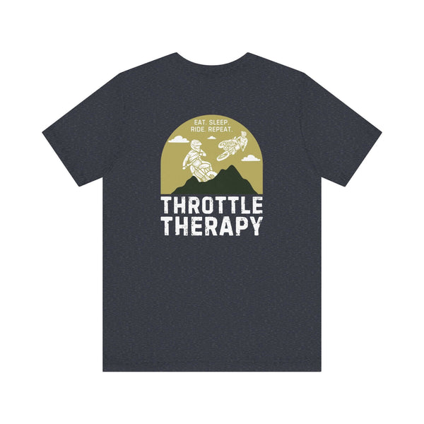 Throttle Therapy Soft Tee with motocross logo, featuring dirt bikers jumping against a mountain backdrop, perfect for adventure enthusiasts.