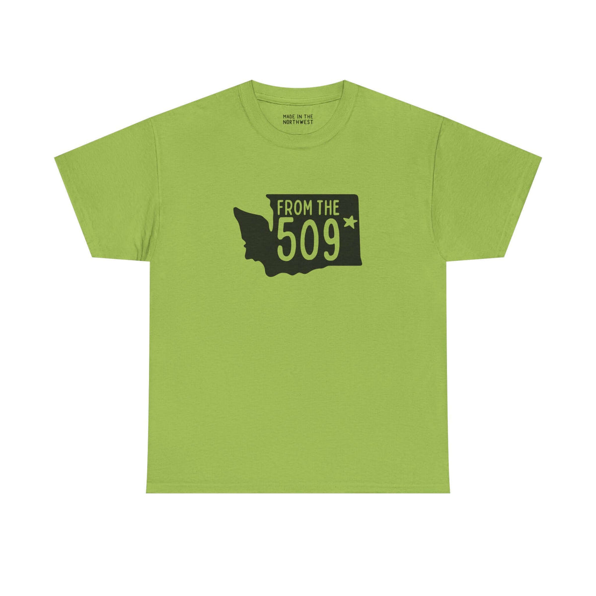 Green athletic tee featuring Washington state shape with 'From the 509' and Spokane star design.