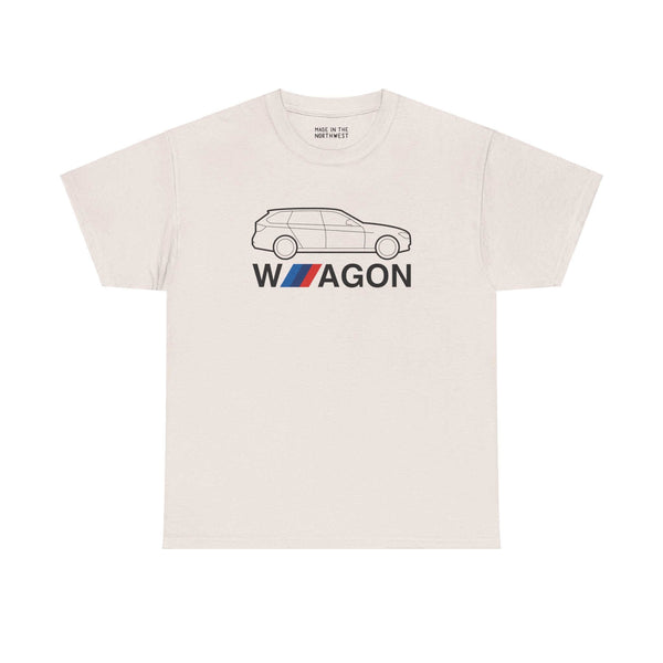 White T-shirt featuring BMW wagon silhouette with "WAGON" text, perfect for car enthusiasts and fans of classic automotive style.