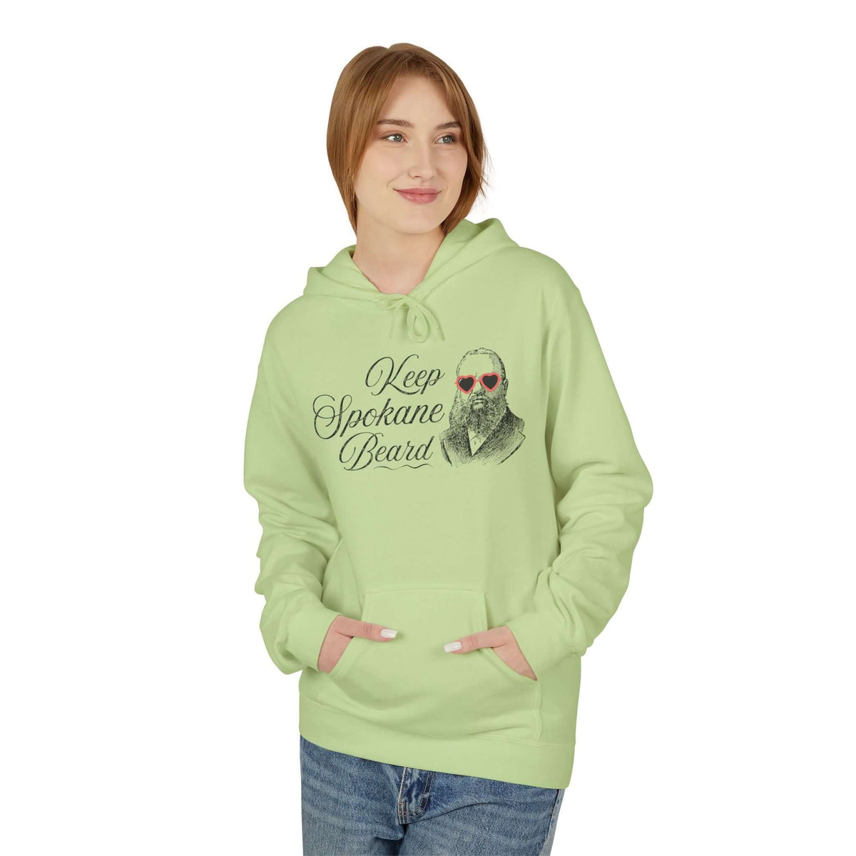 Woman wearing a Keep Spokane Beard Hoodie featuring a vintage bearded man with heart-shaped sunglasses.
